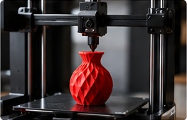 3D принтер, който създава червен геометричен обект